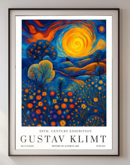 Gustav Klimt Inspiration Exhibition Poster, Blue Fields Tuscany, Vienna Secession, 20th Century