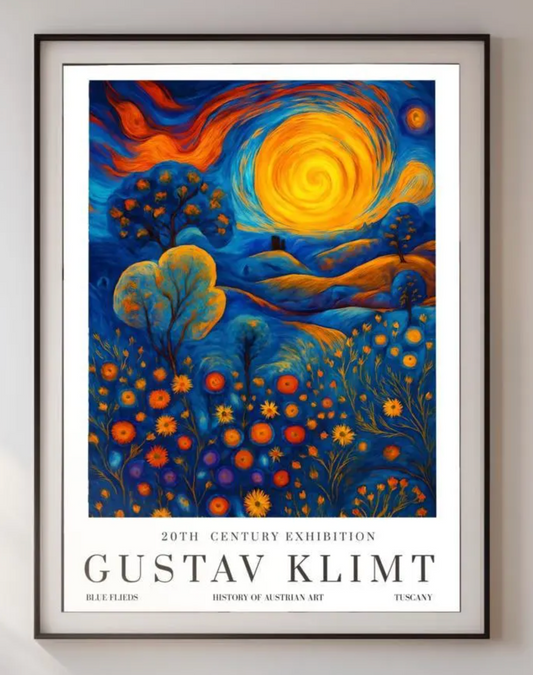 Gustav Klimt Inspiration Exhibition Poster, Blue Fields Tuscany, Vienna Secession, 20th Century