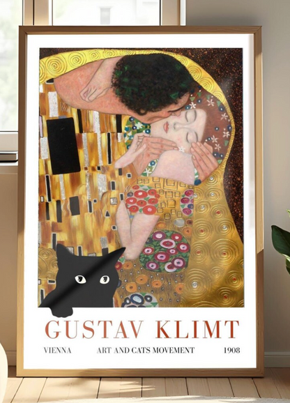 Gustav Klimt 'The Kiss' Poster, Art and Cats Print, Black Cat Art, Art Nouveau Exhibition