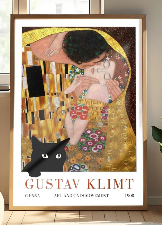 Gustav Klimt 'The Kiss' Poster, Art and Cats Print, Black Cat Art, Art Nouveau Exhibition