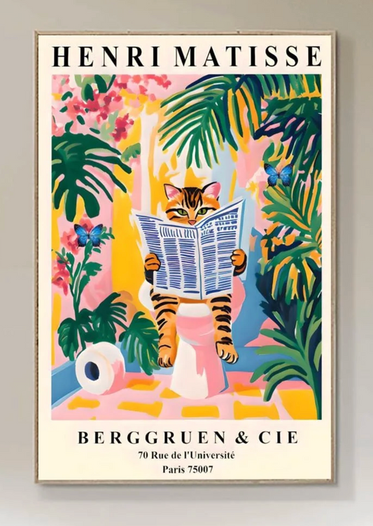 Funny Tabby Cat Toilet Art Print, Matisse Style Bathroom Wall Decor, Butterfly Love, Pink Dopamine Mid Century Modern Illustration