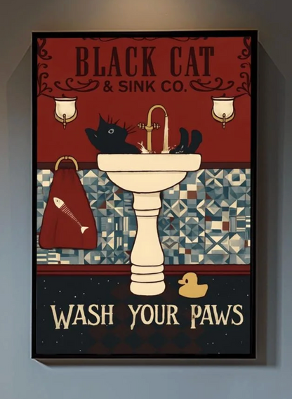 Black Cat Wash Your Paws Poster: Funny Vintage Bathroom Art