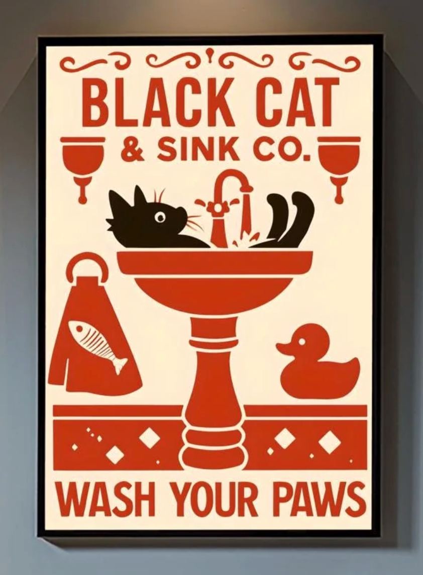 Black Cat Wash Your Paws Poster: Funny Vintage Bathroom Art
