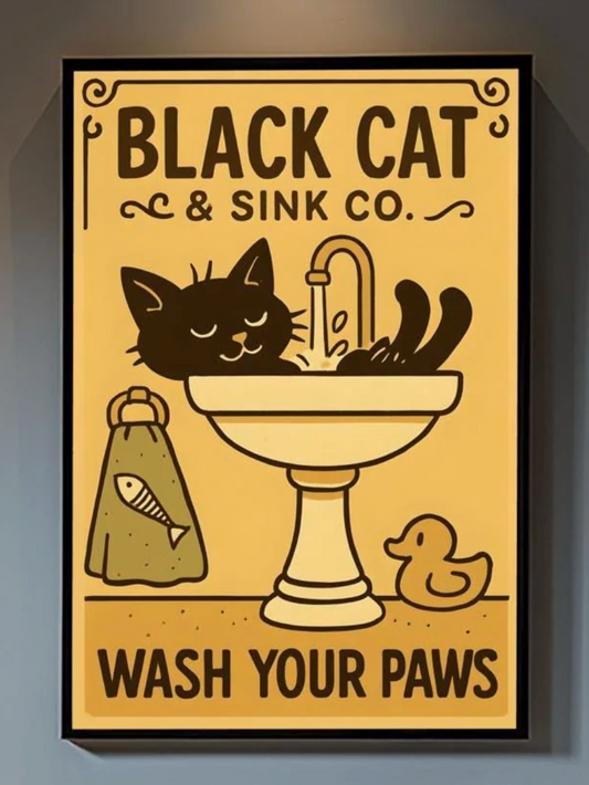 Black Cat Wash Your Paws Poster: Funny Vintage Bathroom Art