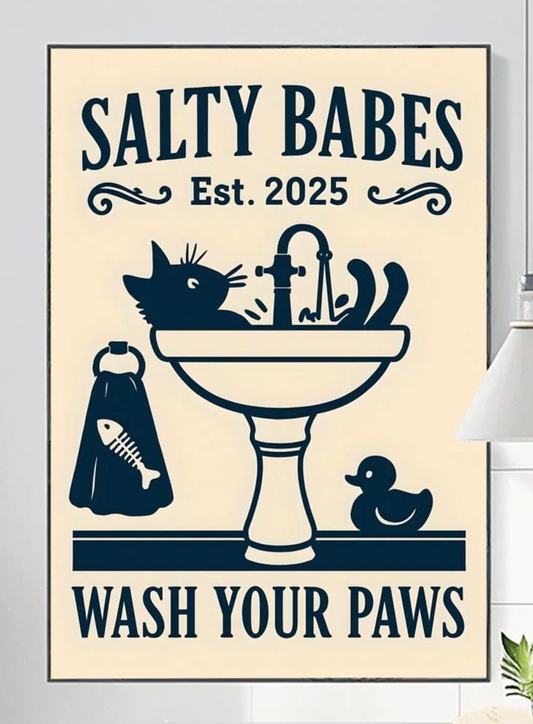 Black Cat Wash Your Paws Poster, Funny Bathroom Wall Art, Vintage Restroom Decor, Animal Print Home Decor, Toilet Humour Gift