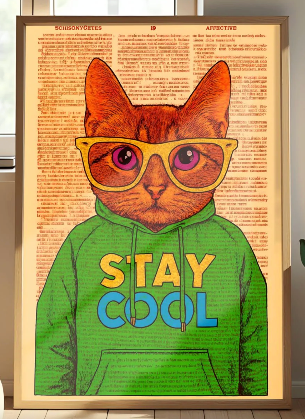Dorm Room Cool Cat Poster, Funny 'Stay Cool' Print, Whimsical Cat in Hoodie, Retro College Student Decor, Trendy Wall Art for Teens