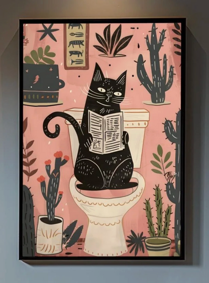 Matisse Art Print Black Cat Toilet Decor, Funky Retro Bathroom Wall Art, Mid Century Modern Pink Illustration