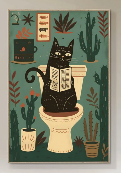 Matisse Art Print Black Cat Toilet Wall Decor, Retro Funky Bathroom Poster, Pink Mid Century Modern Illustration