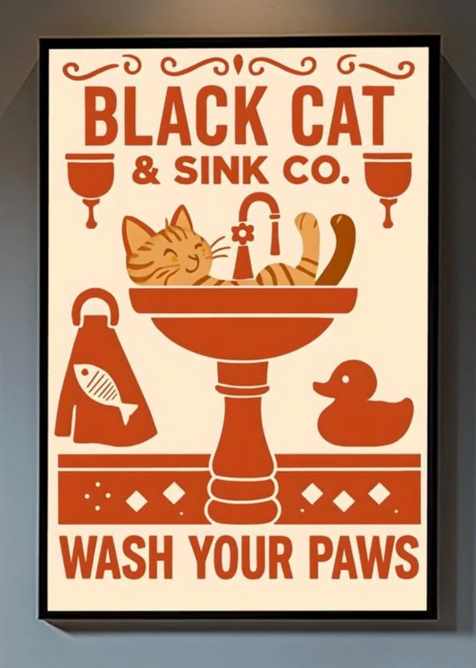 Tabby Cat Wash Your Paws Poster, Funny Bathroom Wall Art, Vintage Restroom Decor, Animal Print Home Decor, Toilet Humour Gift