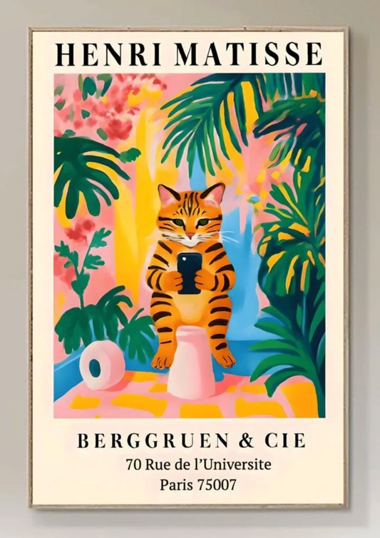 Funny Tabby Cat Toilet Art Print Holding Mobile Phone, Matisse Style Bathroom Wall Decor, Pink Dopamine Mid Century Modern Illustration