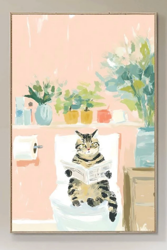 Funny Tabby Cat Toilet Art Print, Retro Funky Style Bathroom Wall Decor, Pink Dopamine Mid Century Modern Illustration