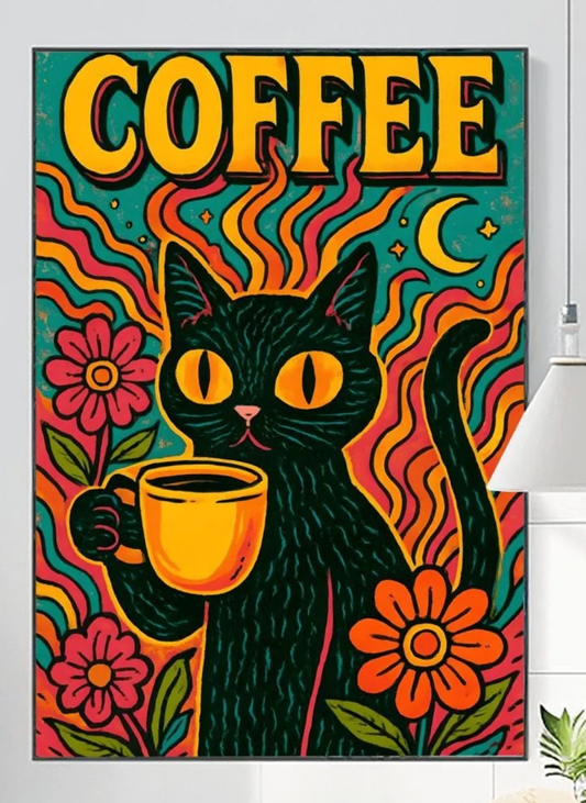 Black Cat Art Retro Coffee Lover Poster, Vintage Kitchen & Cat Wall Art, Funky Bohemian Decor, Mid Century Modern Gift