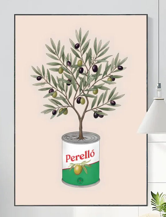 Perelló Olive Tin Art Print, Olive Tree Kitchen Poster, Quirky Food Art, Whimsical Kitchen Decor