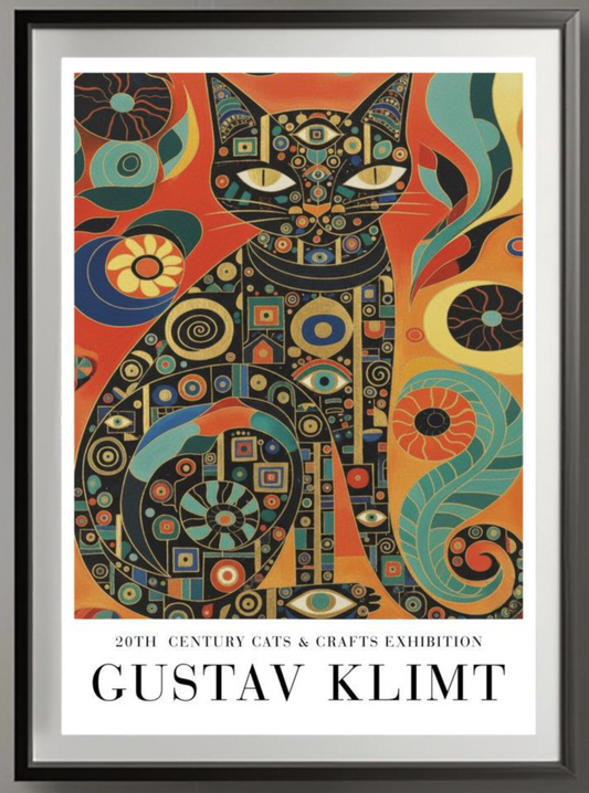 Gustav Klimt Inspiration Cat Poster, Golden Art Nouveau Print, Cats and Crafts Exhibition, Whimsical Wall Decor