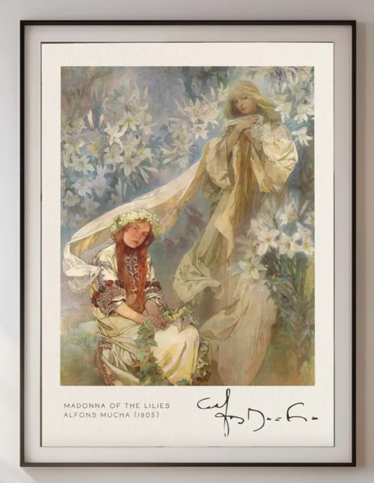 Alphonse Mucha Madonna of the Lilies Poster, Art Nouveau Print, Spiritual Floral Wall Art, Vintage Exhibition