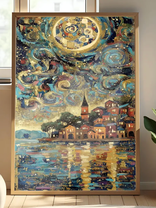 Gustav Klimt Celestial Night Lake Inspiration Art Print, Golden Night Scene Poster, Whimsical Celestial Town, Abstract Landscape Art