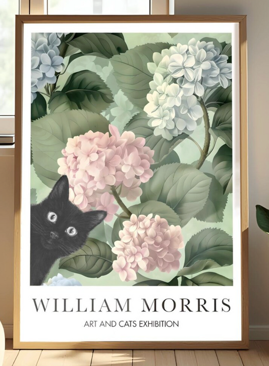William Morris Cat Poster, Black Cat Art Print, Arts and Crafts Exhibition, Green Floral Wall Decor