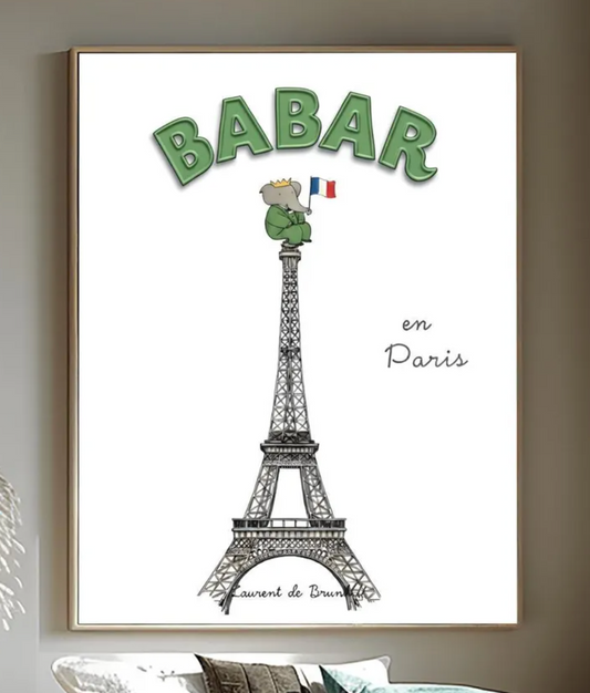 Babar the Elephant In Paris Print: Retro Nursery Decor, Kids Wall Art
