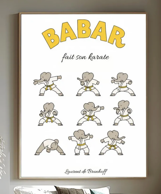 Babar fait son karaté Poster, Cute Kids Room Art, Elephant Martial Arts Print, French Nursery Decor