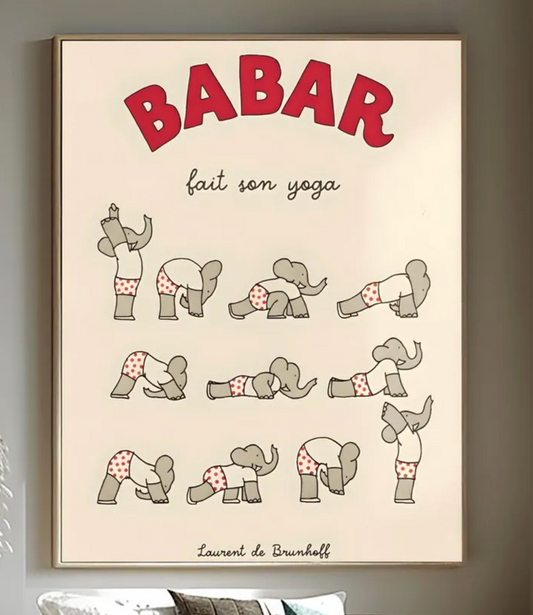 Babar the Elephant Does Yoga Print: Red Polka Dot Pants Retro Nursery Decor, Kids Room Art