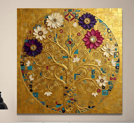 Klimt Tree of Life Masterpiece Print, Golden Mandala Wall Art, Abstract Floral Circle Decor