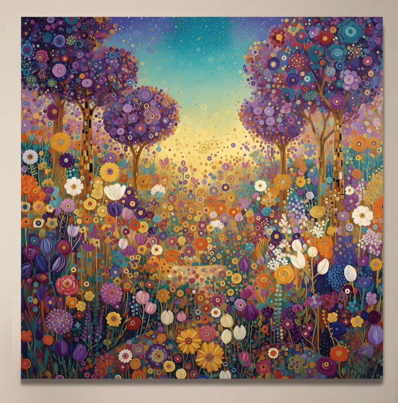 Klimt Whimsical Floral Meadow Print ‚Äì Abstract Purple Tree Art (main image)