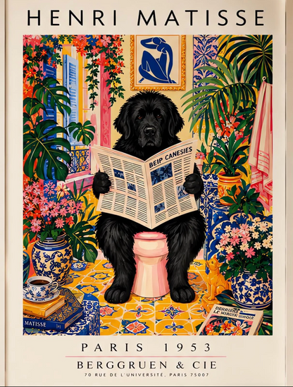 Henri Matisse Style Newfoundland Dog Bathroom Poster - Funny K9 Reading Newspaper