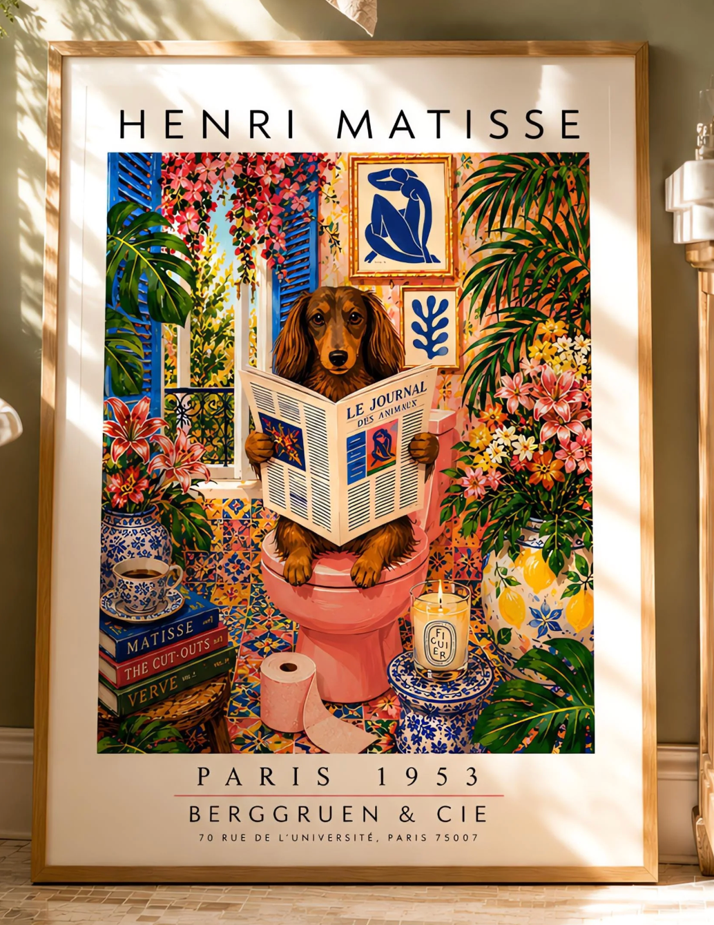A vertical vintage-style art exhibition poster titled "HENRI MATISSE" at the top and "PARIS 1953 BERGGRUEN & CIE" at the bottom. The main image features a long-haired brown Dachshund dog sitting on a pink toilet inside an incredibly ornate bathroom, reading a newspaper titled "LE JOURNAL DES ANIMAUX". The background is a dense, colorful display of patterned wall tiles, framed Matisse paper cutouts, large green tropical houseplants, and vases full of pink lilies and flowers.