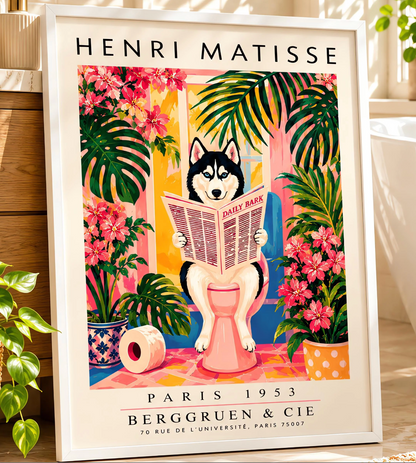 A vertical vintage-style art exhibition poster titled "HENRI MATISSE" at the top and "PARIS 1953 BERGGRUEN & CIE" at the bottom,. The center illustration shows a black-and-white Siberian Husky with blue eyes sitting on a pink toilet in a bright pink and yellow bathroom, reading a newspaper titled "DAILY BARK". The scene is framed by large green tropical leaves, bright pink flowers, a blue-and-white patterned planter, and a roll of toilet paper on the floor.