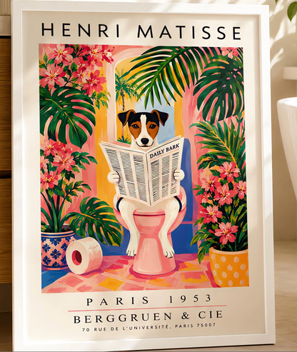 A vertical vintage-style art exhibition poster titled "HENRI MATISSE" at the top and "PARIS 1953 BERGGRUEN & CIE" at the bottom. The center illustration shows a tri-color Jack Russell Terrier dog sitting on a pink toilet inside a bright pink and yellow bathroom, reading a newspaper titled "DAILY BARK". The background features an open arch window with a tropical palm tree, large green leaves, bright pink flowers, and a roll of toilet paper on the floor.