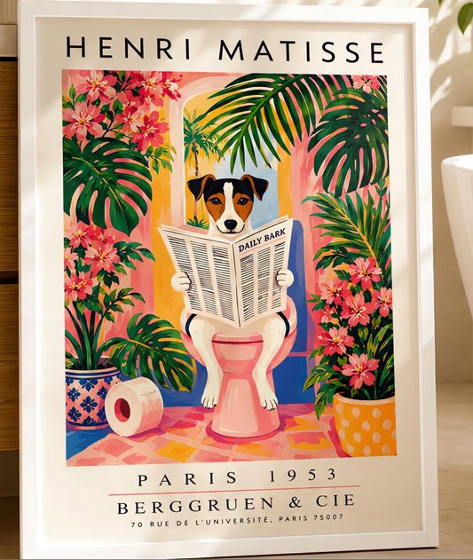A vertical vintage-style art exhibition poster titled "HENRI MATISSE" at the top and "PARIS 1953 BERGGRUEN & CIE" at the bottom. The center illustration shows a tri-color Jack Russell Terrier dog sitting on a pink toilet inside a bright pink and yellow bathroom, reading a newspaper titled "DAILY BARK". The background features an open arch window with a tropical palm tree, large green leaves, bright pink flowers, and a roll of toilet paper on the floor.