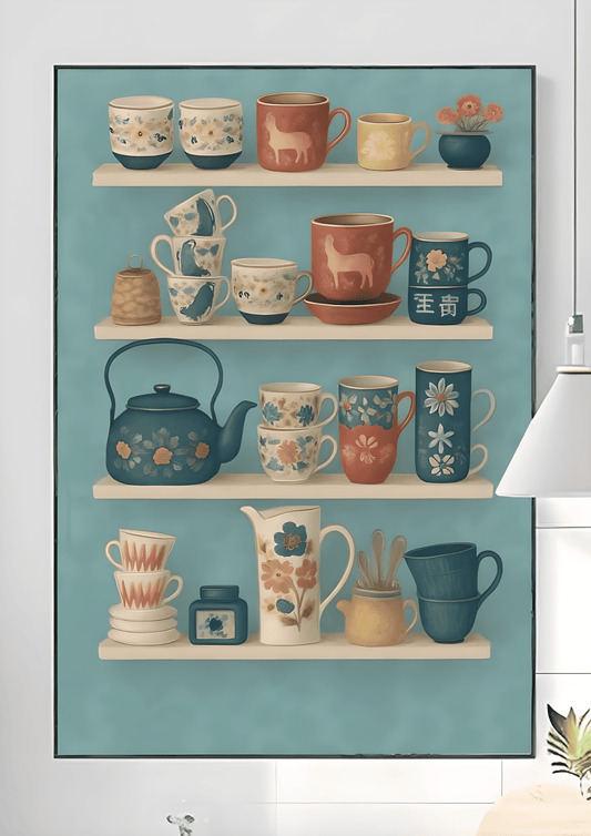 Whimsical Kitchen Shelves Art Print, Colorful Mugs and Teapots Poster, Retro Cottagecore Decor, Tea Lover Gift