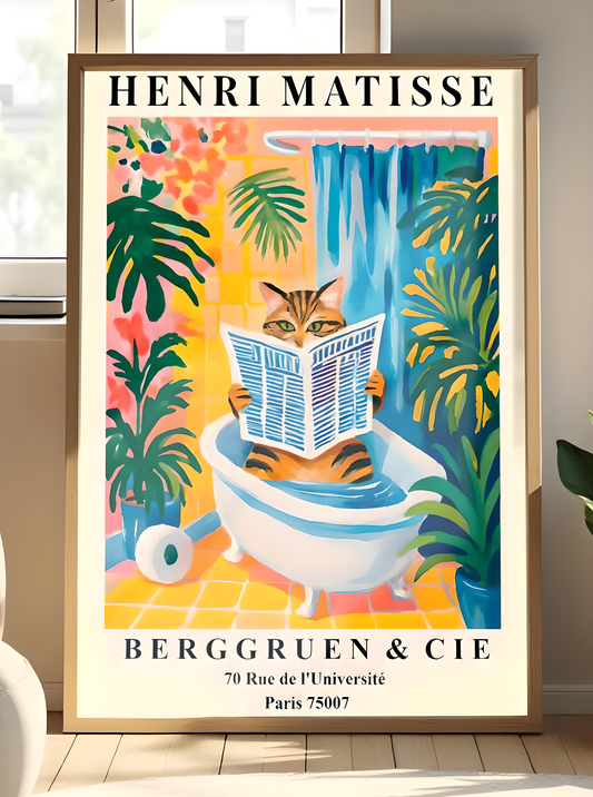 Bathroom interior with a colorful poster on the wall, a bathtub, and decorative elements with a Matisse cat print on the wall.