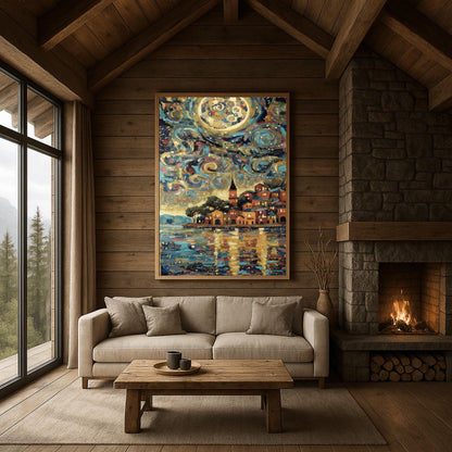 A vertical fine art print in the style of Gustav Klimt. A colorful Mediterranean village with red and orange houses sits on a harbor. The sky above is filled with thick, swirling teal and blue clouds and a large, mosaic-patterned golden moon. The water in the foreground reflects the warm lights of the village and the sky.