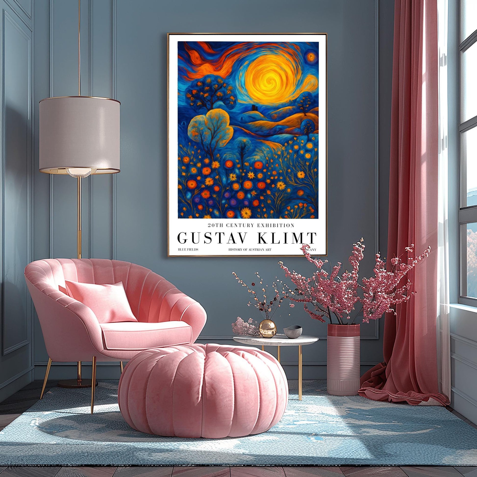 A vertical museum exhibition poster in the style of Gustav Klimt. A large, swirling golden sun sits in a sky of orange and blue clouds over rolling blue hills. The foreground is a meadow of orange circular flowers. Below the image, bold black text reads "GUSTAV KLIMT" and "BLUE FIELDS" on a white border.