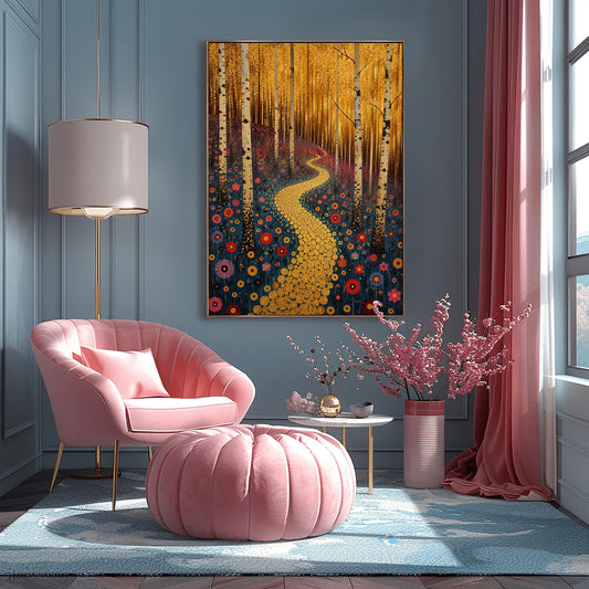 A vertical canvas landscape painting in the style of Gustav Klimt. A winding path made of small, glittering gold circular mosaic tiles snakes from the foreground up a forest hill. Slender white and black birch tree trunks stand vertically across the landscape. The hillside ground is dark navy blue and covered in round, target-shaped flowers in shades of red, orange, and pink. The top third of the painting is a dense, shimmering canopy of tiny golden-yellow autumn leaves.