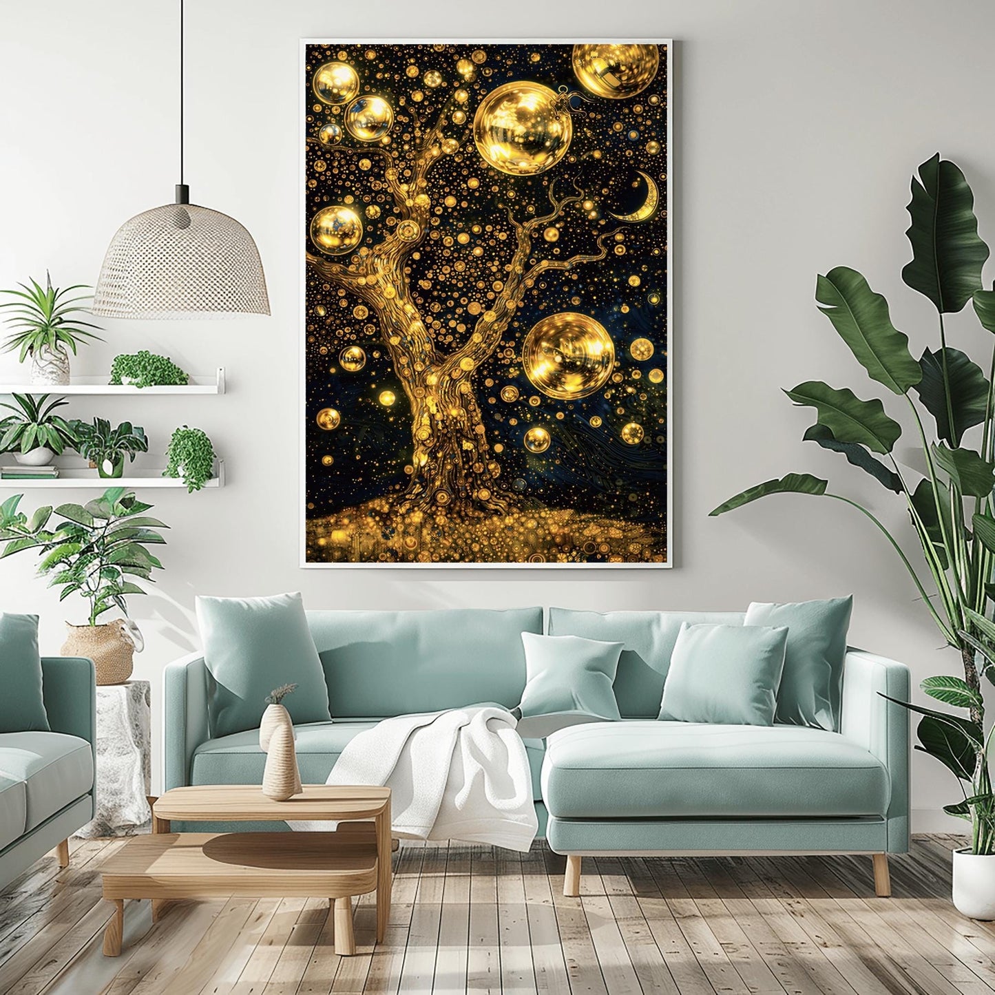 A vertical fine art print in the style of Gustav Klimt. A large, gnarled tree made of gold leaf stands against a dark navy sky filled with thousands of golden stardust dots. Large, glowing golden spheres hang from the branches like fruit. A patterned crescent moon is visible in the top right.