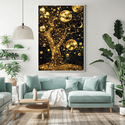 A vertical fine art print in the style of Gustav Klimt. A large, gnarled tree made of gold leaf stands against a dark navy sky filled with thousands of golden stardust dots. Large, glowing golden spheres hang from the branches like fruit. A patterned crescent moon is visible in the top right.