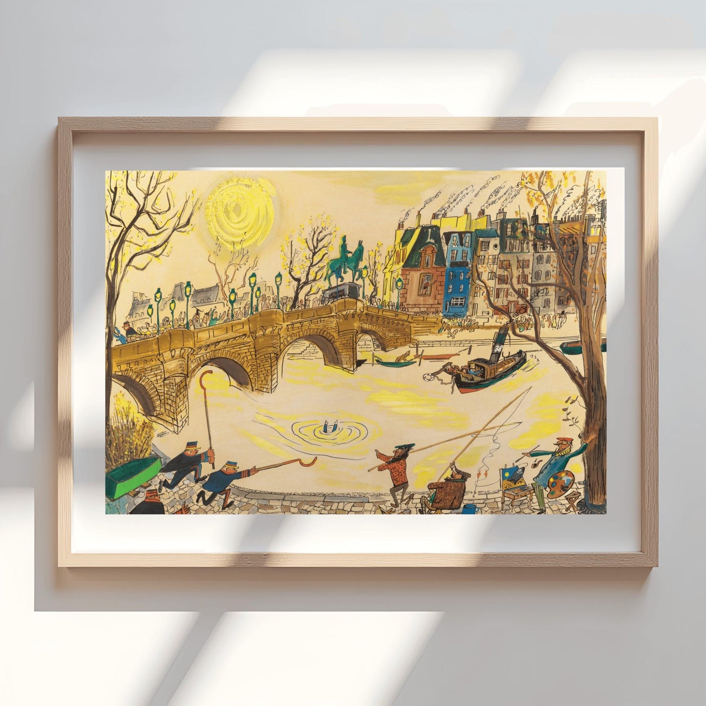 A horizontal watercolor and ink illustration in the style of Ludwig Bemelmans depicting a rescue in Paris. A large stone arch bridge spans a yellow-toned river where a person's legs are visible splashing in the water. On the bridge and the cobblestone quay, various people including officers in blue uniforms, fishermen with long poles, and an artist with a palette are rushing toward the water. In the background, colorful Parisian buildings and a large yellow sun are visible under a pale sky.