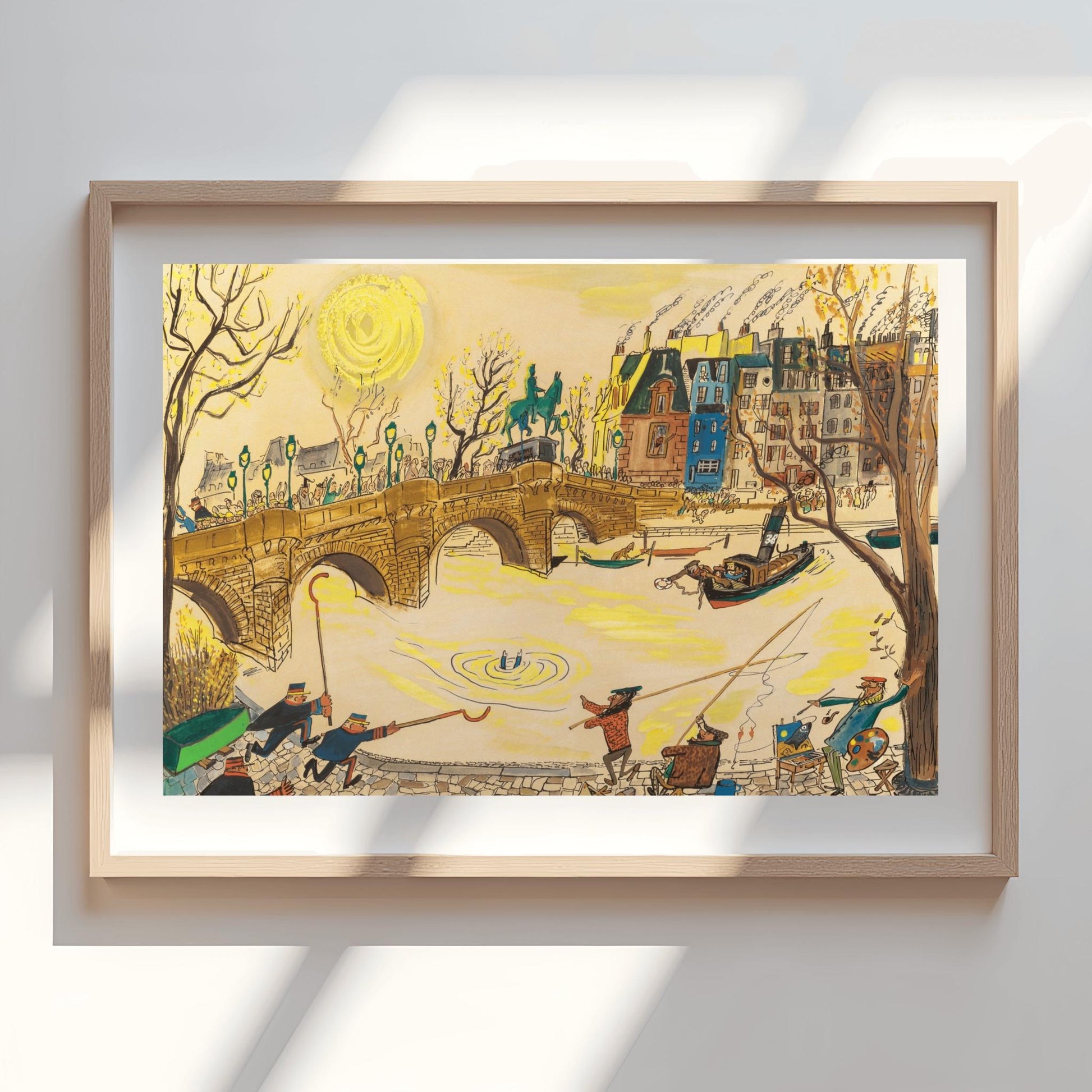 A horizontal watercolor and ink illustration in the style of Ludwig Bemelmans depicting a rescue in Paris. A large stone arch bridge spans a yellow-toned river where a person's legs are visible splashing in the water. On the bridge and the cobblestone quay, various people including officers in blue uniforms, fishermen with long poles, and an artist with a palette are rushing toward the water. In the background, colorful Parisian buildings and a large yellow sun are visible under a pale sky.