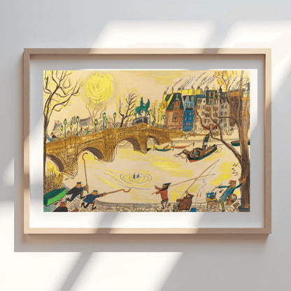 A horizontal watercolor and ink illustration in the style of Ludwig Bemelmans depicting a rescue in Paris. A large stone arch bridge spans a yellow-toned river where a person's legs are visible splashing in the water. On the bridge and the cobblestone quay, various people including officers in blue uniforms, fishermen with long poles, and an artist with a palette are rushing toward the water. In the background, colorful Parisian buildings and a large yellow sun are visible under a pale sky.
