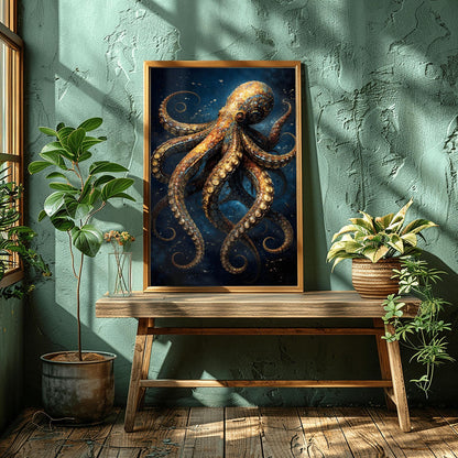 A vertical full-bleed illustration of an octopus in the style of Gustav Klimt. The octopus is decorated with intricate golden mosaic patterns and spirals, floating in a dark navy ocean with tiny sparkling particles. The design is rich in detail and high contrast.