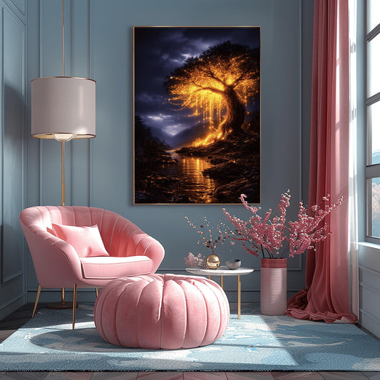 A vertical full-bleed illustration of a large weeping willow tree glowing with golden light in a stormy mountain valley. The tree stands by a dark river reflecting its gold light. The background features dark, rainy mountains and a moody indigo sky in the style of Gustav Klimt.