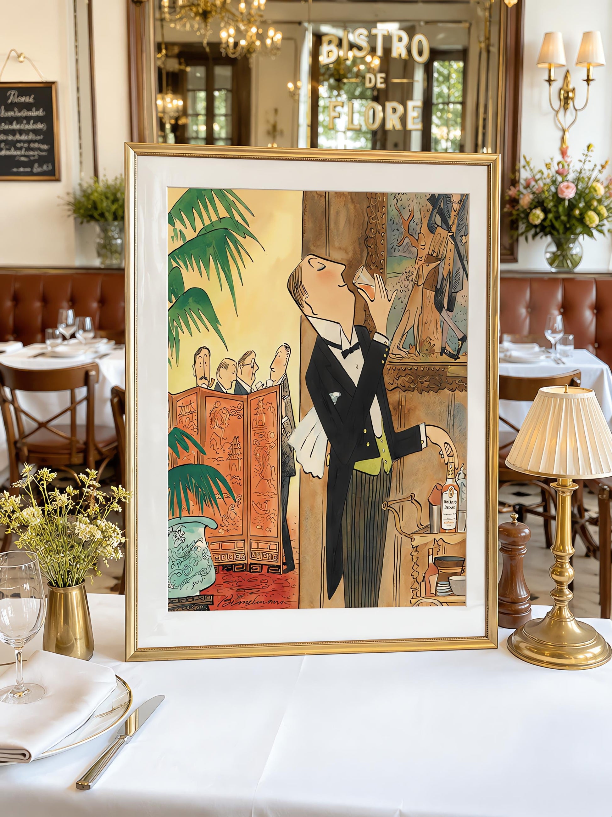 A vertical watercolor and ink illustration in the whimsical style of Ludwig Bemelmans. The scene depicts a butler in a black tuxedo tailcoat, yellow vest, and bow tie sneaking a drink from a glass behind a wall. His hand rests on a bottle of "Walker's De Luxe" whiskey on a bar cart. To his left, a wooden Chinoiserie folding screen separates him from a group of four men in suits talking at a party. A potted palm tree and a blue dragon vase sit in the foreground