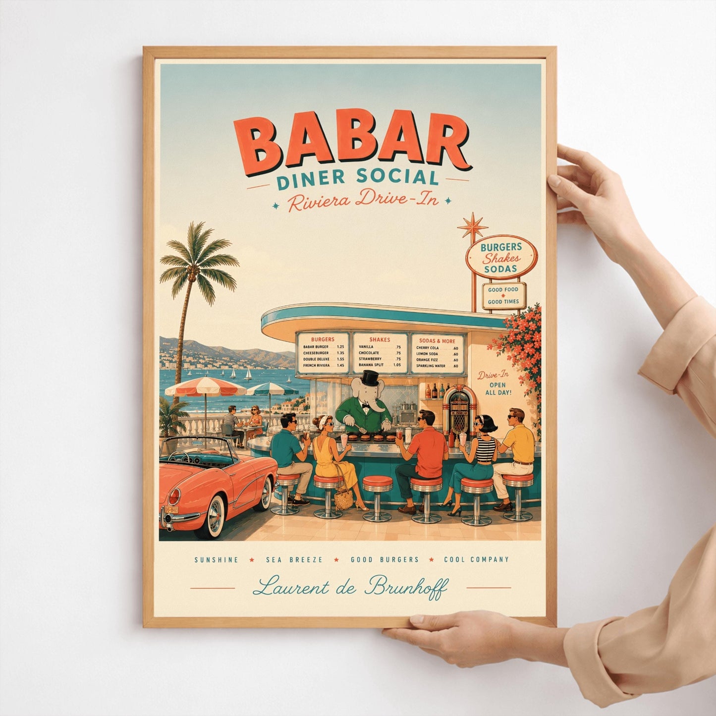 A mid-century style illustration poster titled "BABAR DINER SOCIAL - Riviera Drive-In" at the top. The scene shows an open-air retro diner bar right on the coast of the French Riviera, with a turquoise sea and white sailboats in the background. King Babar, a cartoon elephant in a green suit, bowtie, and top hat, cooks burgers on a grill behind the counter. Stylishly dressed patrons from the 1950s sit on red-topped stools, and a classic pink convertible sports car is parked on the left