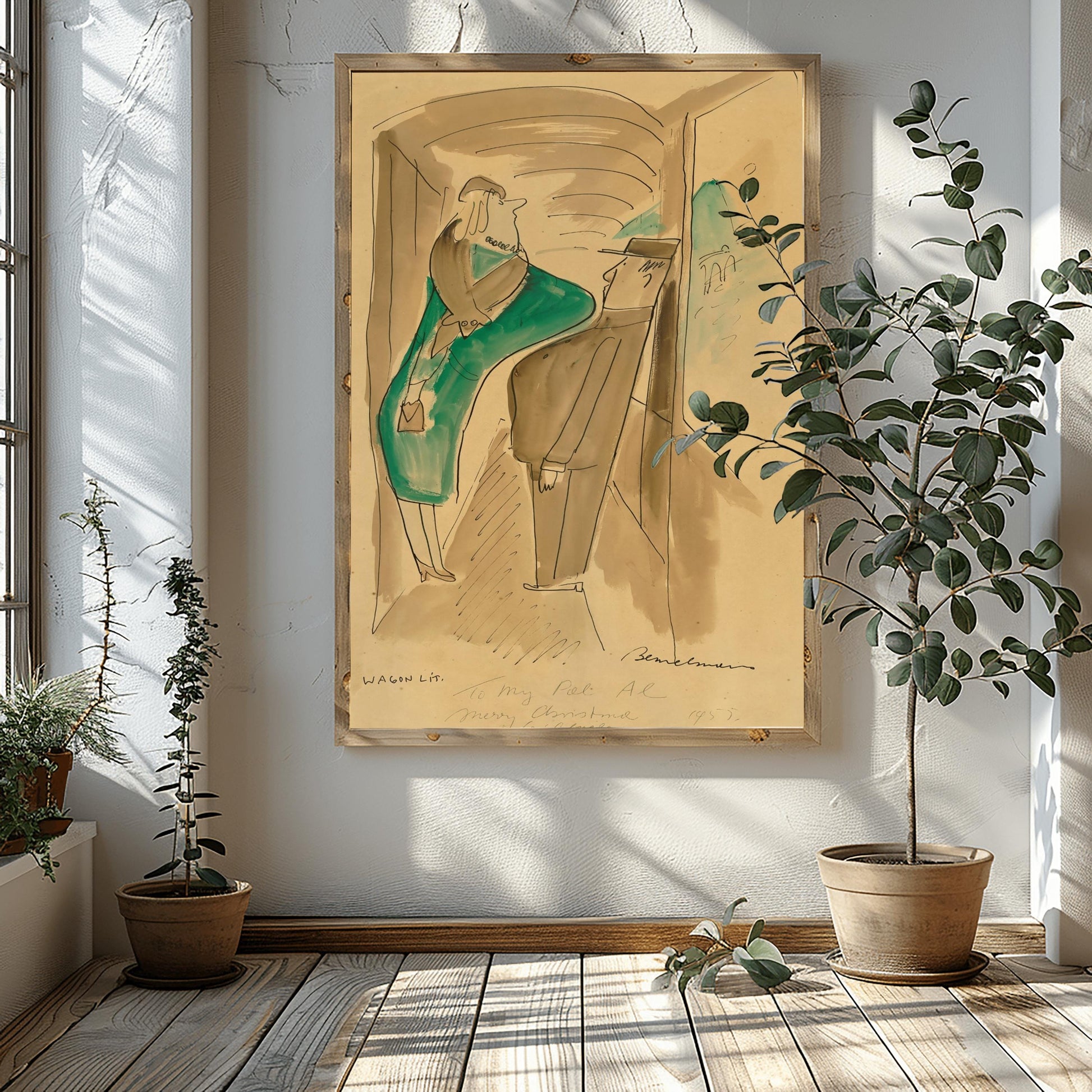 A vertical fine art exhibition poster showing an authentic 1955 sepia sketch by Ludwig Bemelmans titled "Wagon Lits". On a warm tan background with a wide white border, black brush ink lines depict a woman in a teal dress and a man passing each other in a train hallway while a green mountain bridge is visible out the window. A handwritten ink inscription reads "To My Pal Al Merry Christmas Ludwig Bemelmans 1955".
