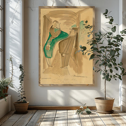 A vertical fine art exhibition poster showing an authentic 1955 sepia sketch by Ludwig Bemelmans titled "Wagon Lits". On a warm tan background with a wide white border, black brush ink lines depict a woman in a teal dress and a man passing each other in a train hallway while a green mountain bridge is visible out the window. A handwritten ink inscription reads "To My Pal Al Merry Christmas Ludwig Bemelmans 1955".