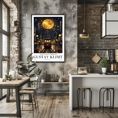 A vertical museum exhibition poster in the style of Gustav Klimt. A vintage-style red and brown streetcar sits on tracks in a Tokyo street at night, flanked by modern buildings. A massive golden moon with mosaic patterns fills the top of a dark sky crowded with golden spirals. Bold black text at the bottom reads "GUSTAV KLIMT" and "THE SAKURA KISS."