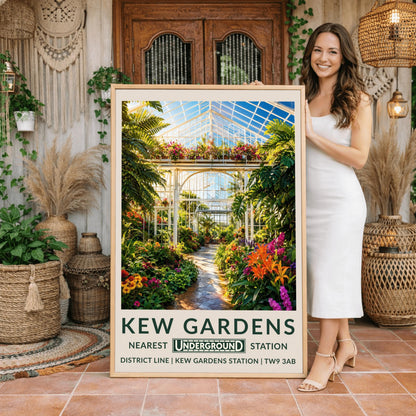 A vertical retro London Underground travel poster for Kew Gardens on a wide cream border. The top image shows a sun-drenched illustration inside a massive Victorian glasshouse conservatory. On the left, an elegant, ornate white wrought-iron spiral staircase winds upward. A pathway curves through a dense jungle of towering green fan palms, highlighted by bright pink and purple orchids and orange flowers.