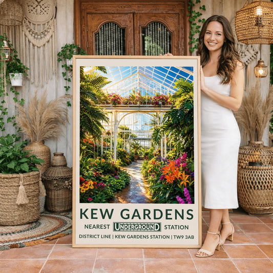 A vertical retro London Underground travel poster for Kew Gardens on a wide cream border. The top image shows a sun-drenched illustration inside a massive Victorian glasshouse conservatory. On the left, an elegant, ornate white wrought-iron spiral staircase winds upward. A pathway curves through a dense jungle of towering green fan palms, highlighted by bright pink and purple orchids and orange flowers.